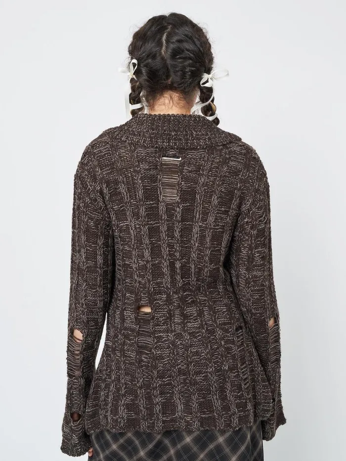 Women Minga London Knitwear Gem Brown Distressed Knit Cardigan