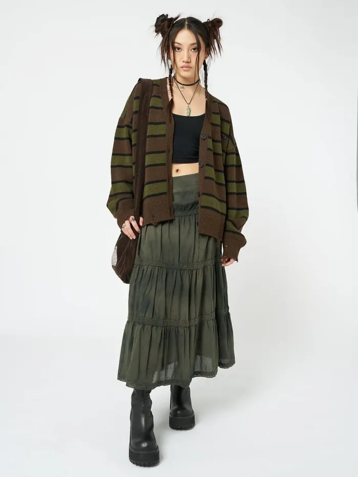 Women Minga London Knitwear Neesa Brown and Green Stripe Knit Cardigan