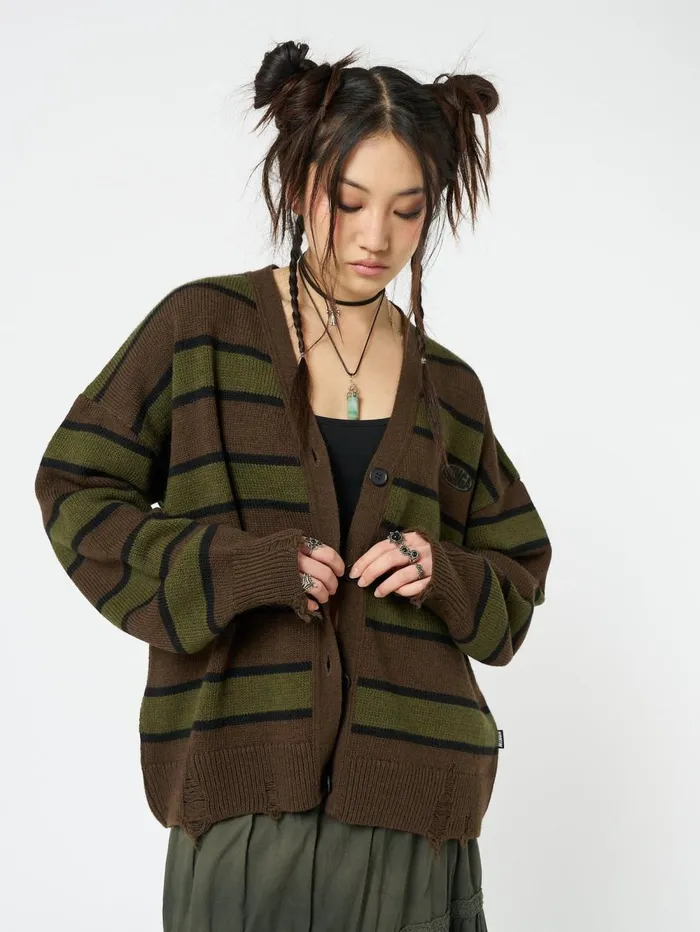 Women Minga London Knitwear Neesa Brown and Green Stripe Knit Cardigan