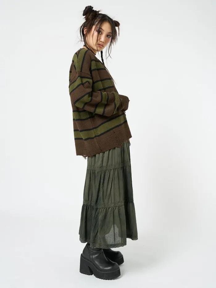 Women Minga London Knitwear Neesa Brown and Green Stripe Knit Cardigan