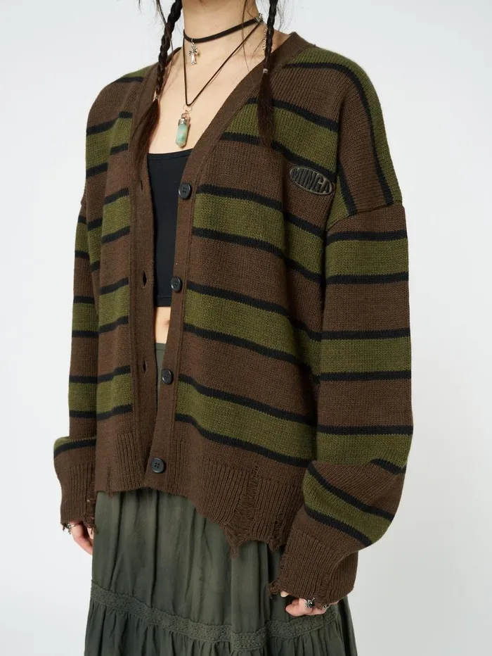 Women Minga London Knitwear Neesa Brown and Green Stripe Knit Cardigan