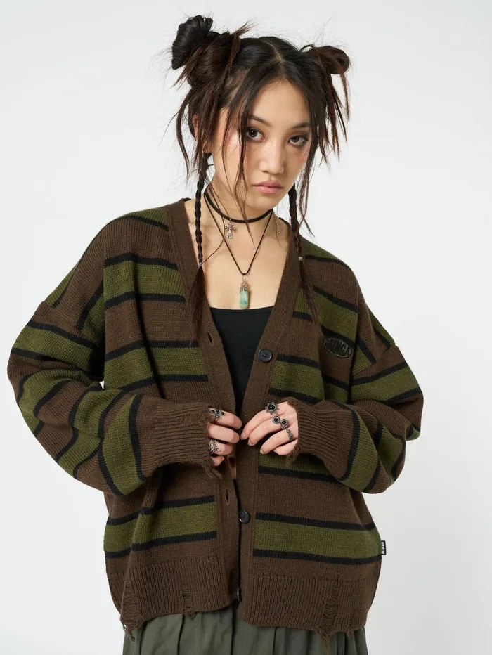Women Minga London Knitwear Neesa Brown and Green Stripe Knit Cardigan