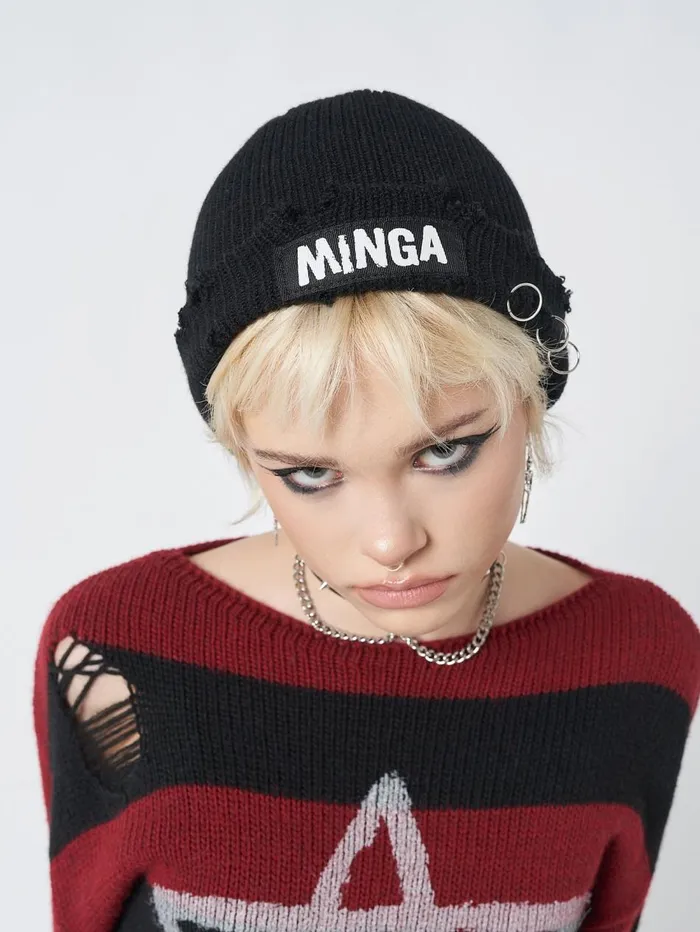 Women Minga London Shop All Minga Black Distressed Beanie