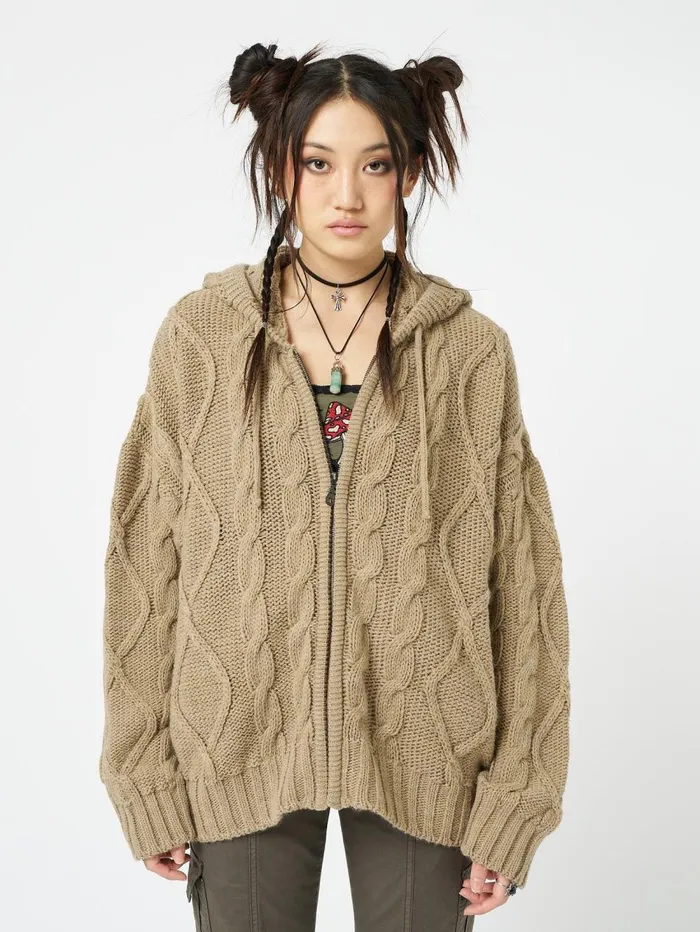 Women Minga London Sweaters and Hoodies Eli Beige Zip Up Cable Knit Cardigan