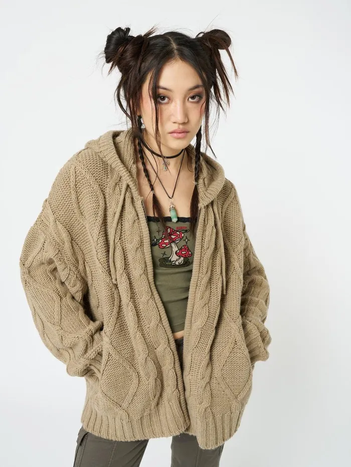 Women Minga London Sweaters and Hoodies Eli Beige Zip Up Cable Knit Cardigan