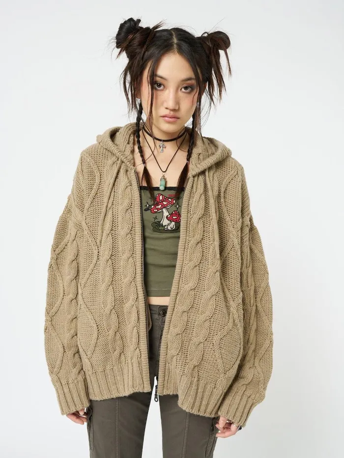 Women Minga London Sweaters and Hoodies Eli Beige Zip Up Cable Knit Cardigan