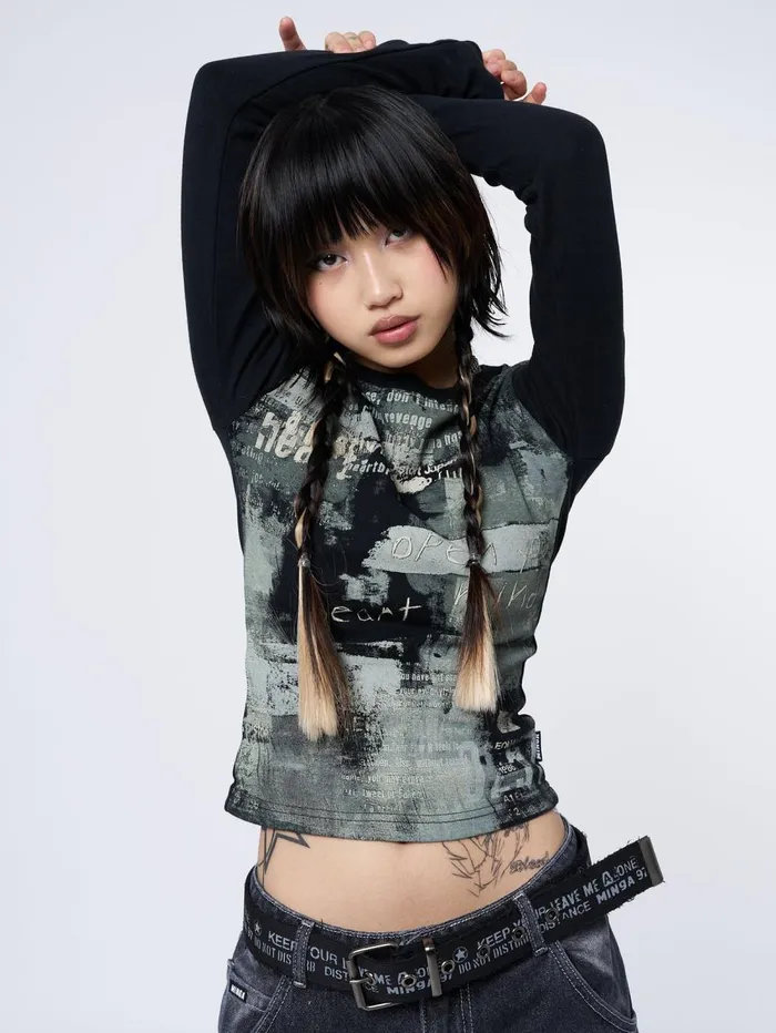 Women Minga London Tops and TShirts Abstrakt Black Green Graphic Top