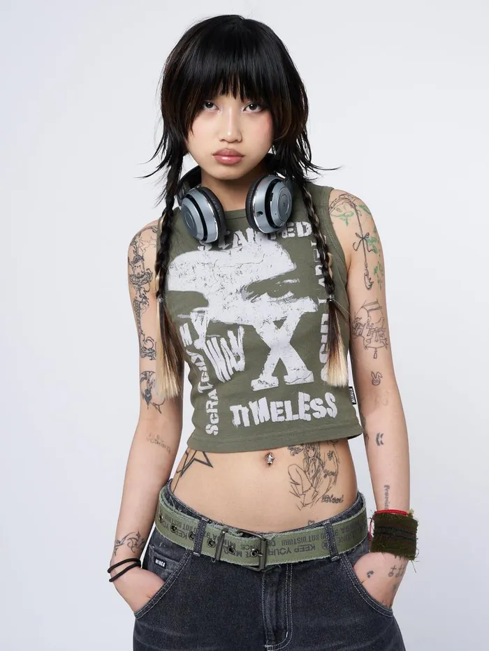 Women Minga London Tops and TShirts Acid Vision Khaki Graphic Vest Top