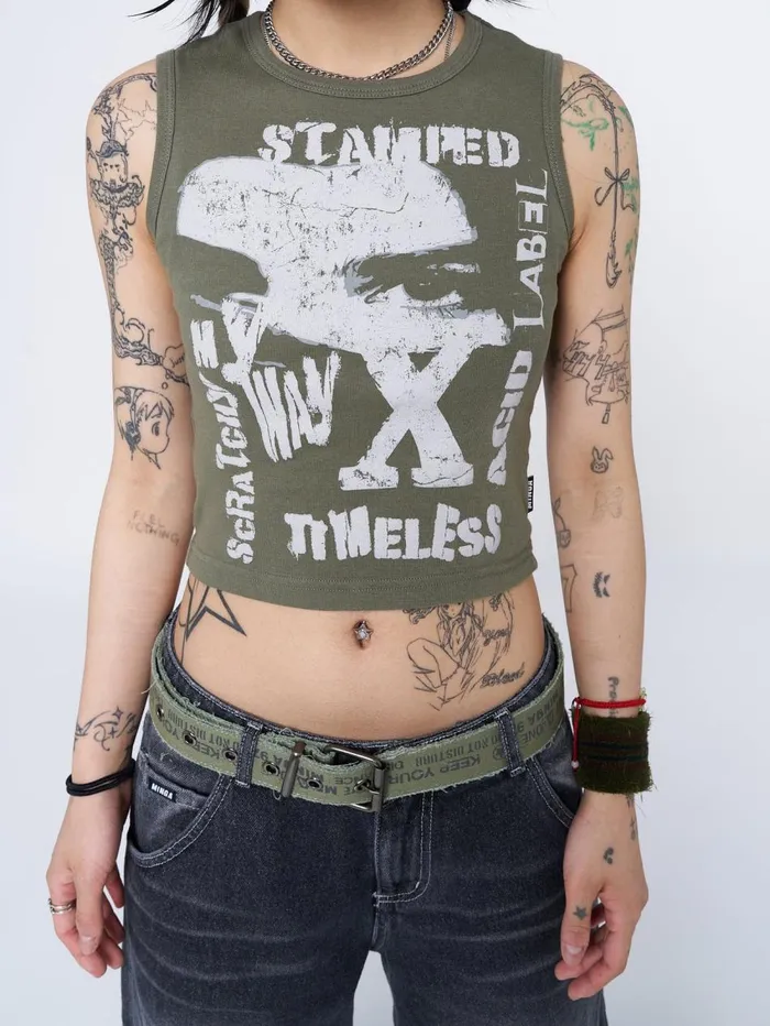 Women Minga London Tops and TShirts Acid Vision Khaki Graphic Vest Top
