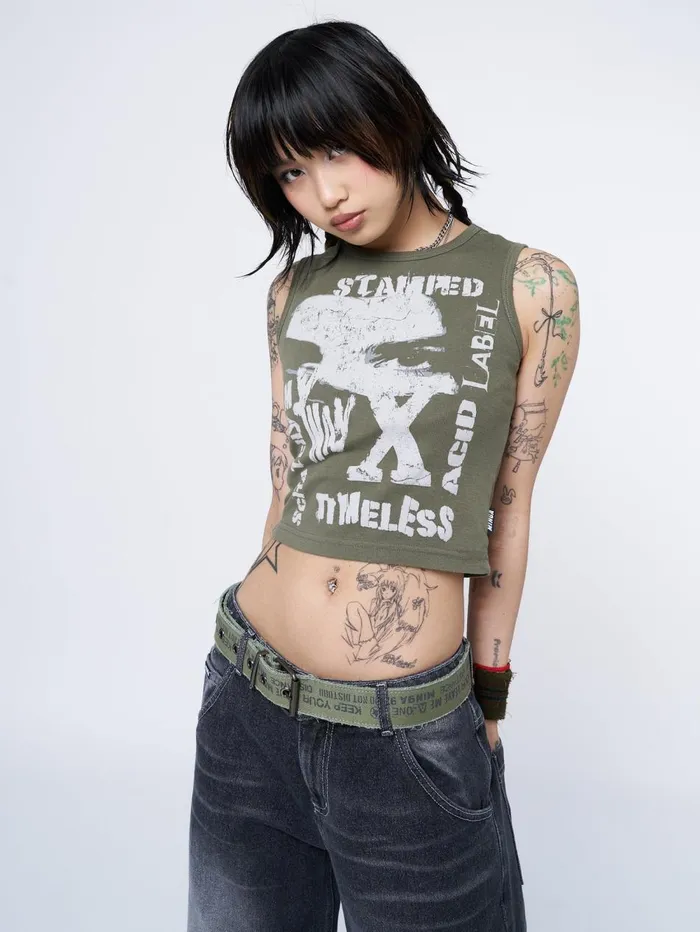 Women Minga London Tops and TShirts Acid Vision Khaki Graphic Vest Top