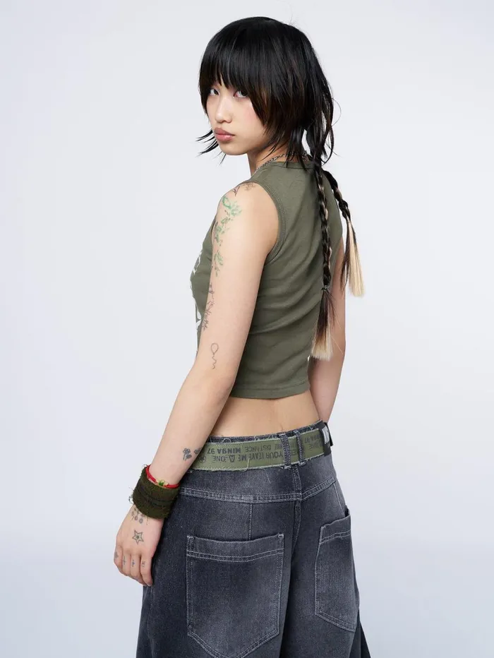Women Minga London Tops and TShirts Acid Vision Khaki Graphic Vest Top