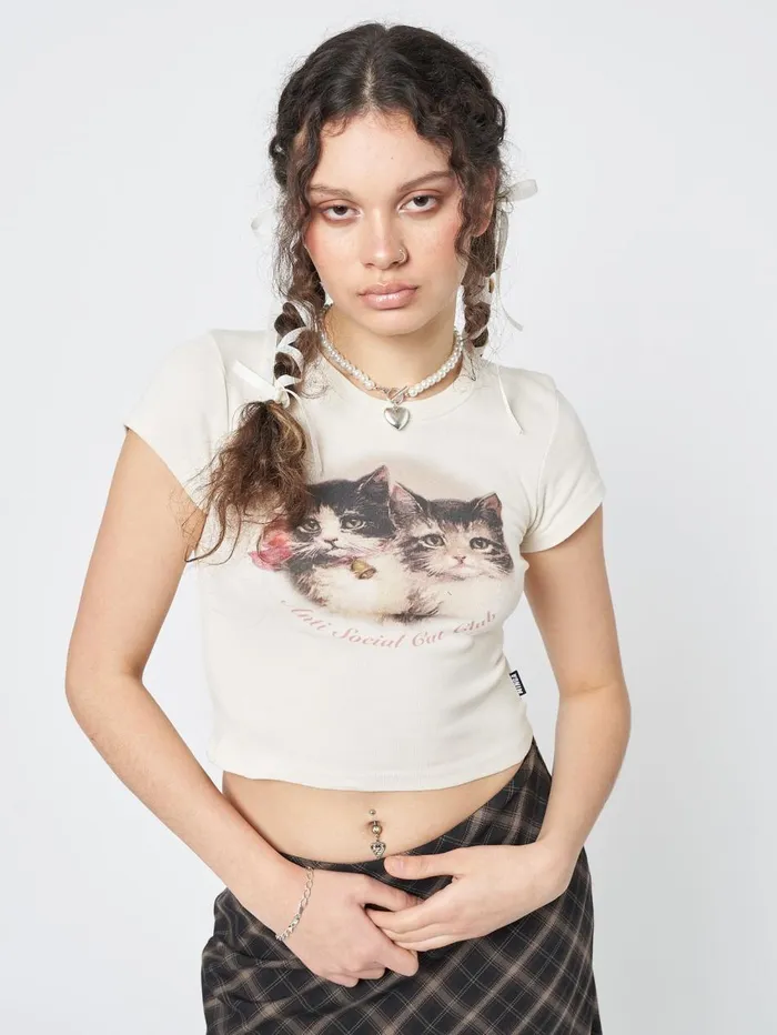 Women Minga London Tops and TShirts Anti Social Cat Club Ecru Baby Tee