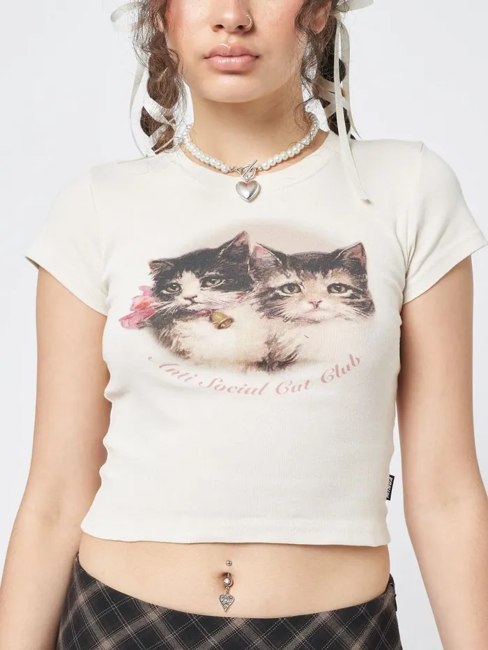 Women Minga London Tops and TShirts Anti Social Cat Club Ecru Baby Tee