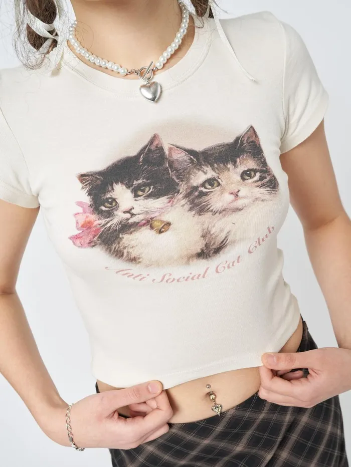Women Minga London Tops and TShirts Anti Social Cat Club Ecru Baby Tee