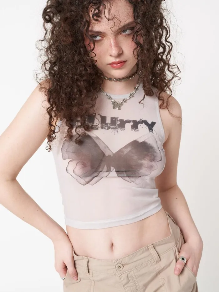 Women Minga London Tops and TShirts Blurry Butterfly Mesh Vest Top