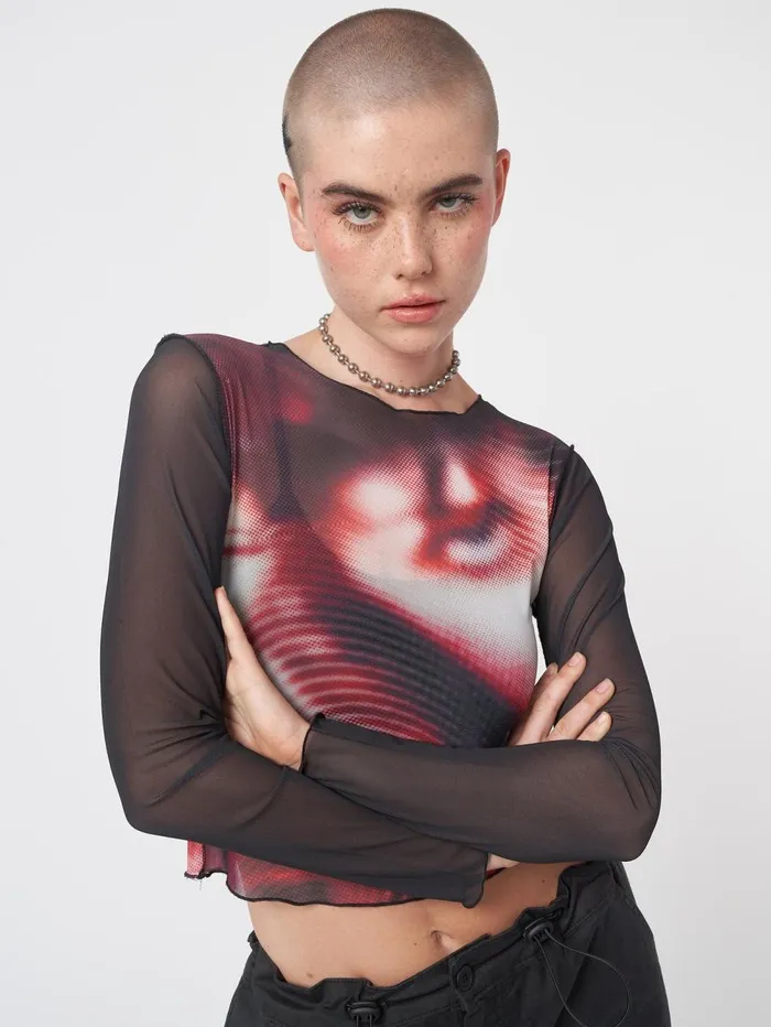 Women Minga London Tops and TShirts Pixel Black Red Mesh Crop Top