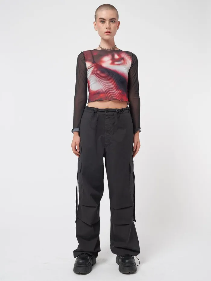 Women Minga London Tops and TShirts Pixel Black Red Mesh Crop Top