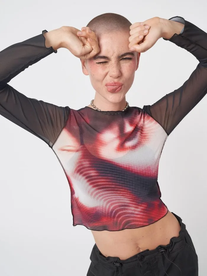 Women Minga London Tops and TShirts Pixel Black Red Mesh Crop Top