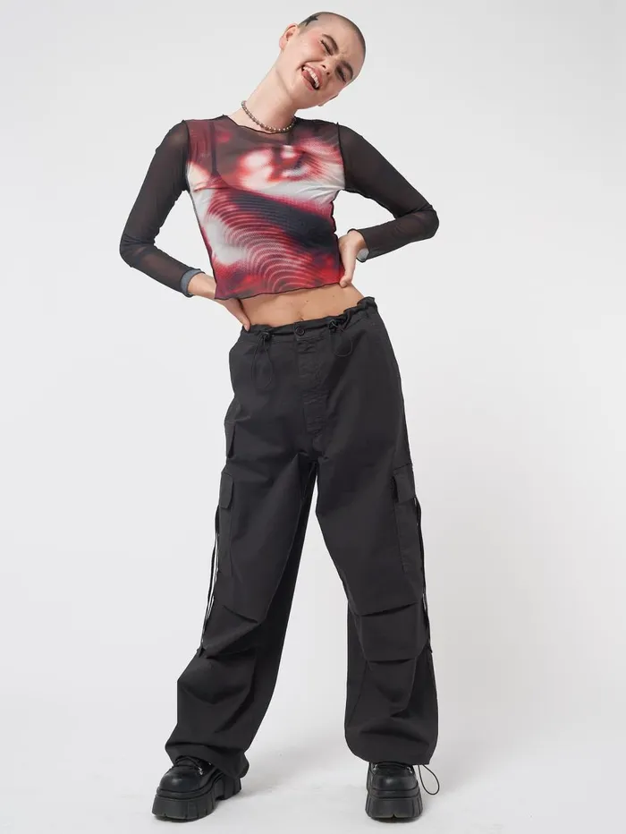 Women Minga London Tops and TShirts Pixel Black Red Mesh Crop Top