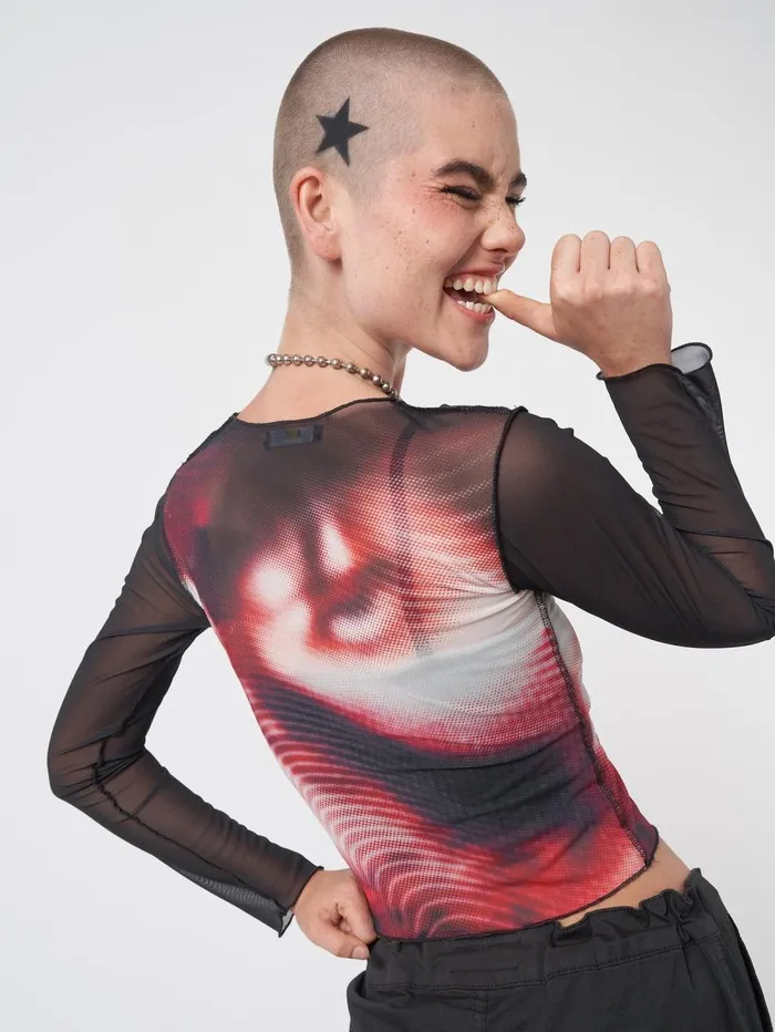 Women Minga London Tops and TShirts Pixel Black Red Mesh Crop Top