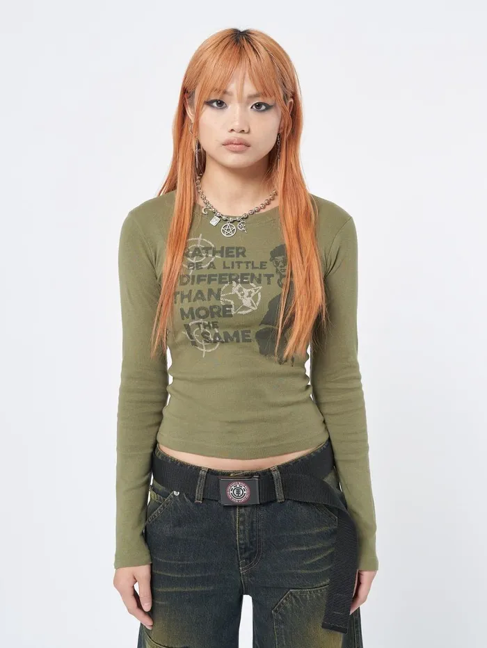 Women Minga London Tops and TShirts Rather Be Different Khaki Graphic Top