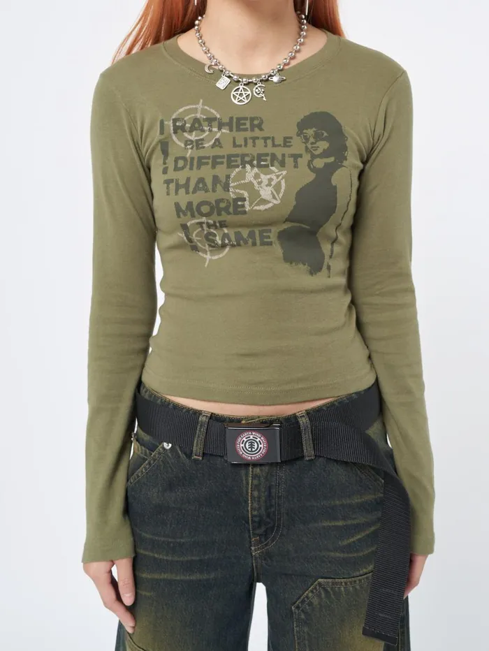 Women Minga London Tops and TShirts Rather Be Different Khaki Graphic Top