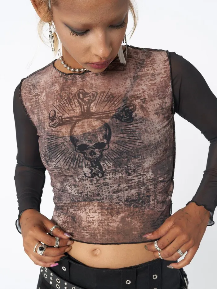 Women Minga London Tops and TShirts Skull Smash Contrast Mesh Top