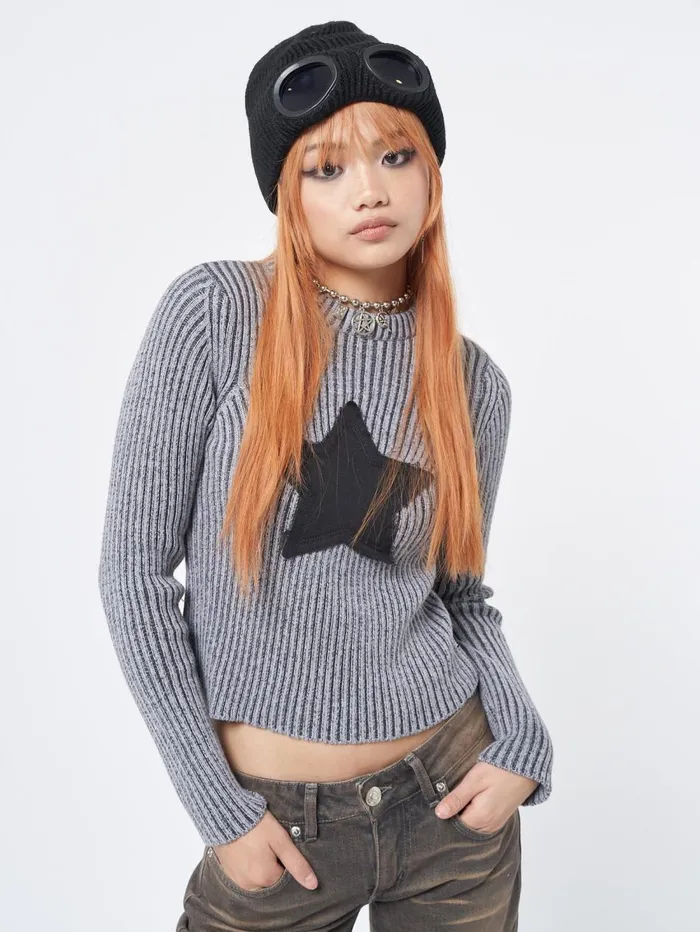 Women Minga London Tops and TShirts Star Black Grey Chunky Knit Jumper