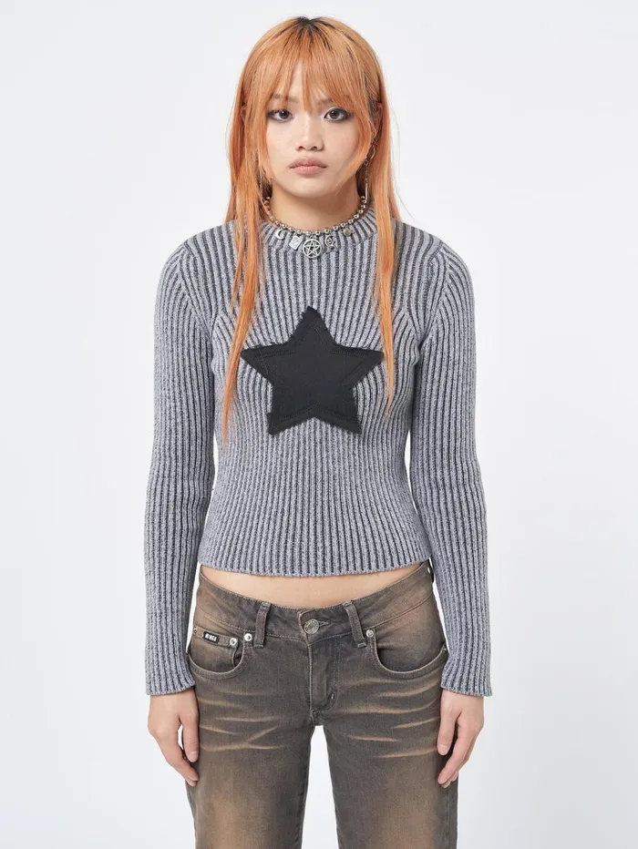 Women Minga London Tops and TShirts Star Black Grey Chunky Knit Jumper