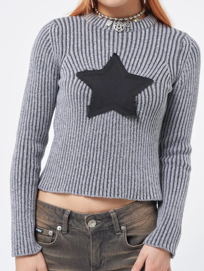Women Minga London Tops and TShirts Star Black Grey Chunky Knit Jumper