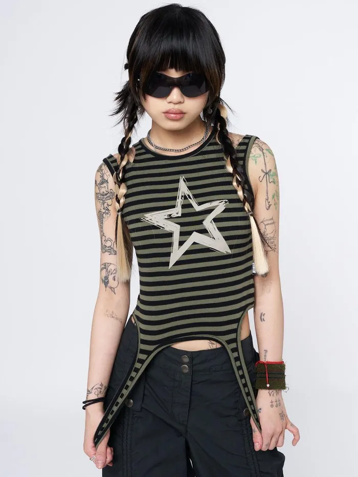 Women Minga London Tops and TShirts Star Sketch Green Striped Straps Top