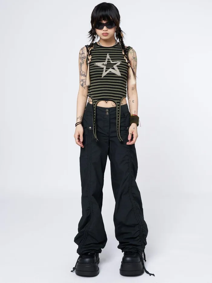Women Minga London Tops and TShirts Star Sketch Green Striped Straps Top