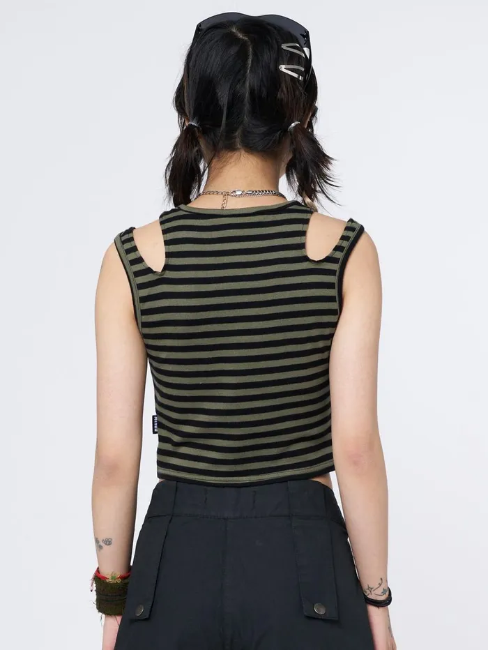 Women Minga London Tops and TShirts Star Sketch Green Striped Straps Top