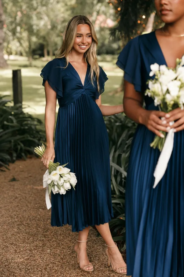Women Nova Flutter Sleeve Midi Dress Navy Satin Dresses Petal and Pup