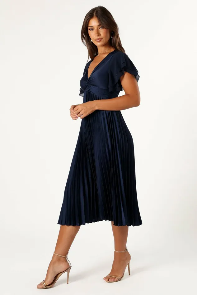 Women Nova Flutter Sleeve Midi Dress Navy Satin Dresses Petal and Pup