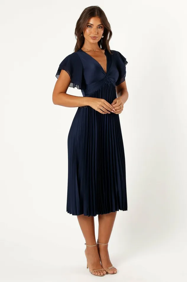 Women Nova Flutter Sleeve Midi Dress Navy Satin Dresses Petal and Pup