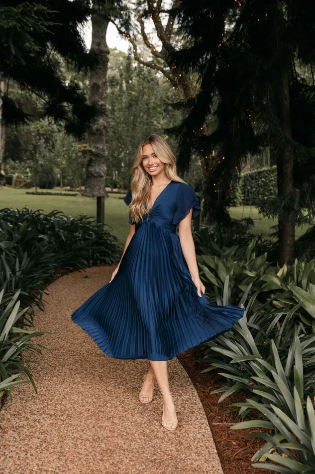 Women Nova Flutter Sleeve Midi Dress Navy Satin Dresses Petal and Pup
