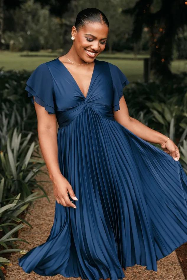Women Nova Flutter Sleeve Midi Dress Navy Satin Dresses Petal and Pup