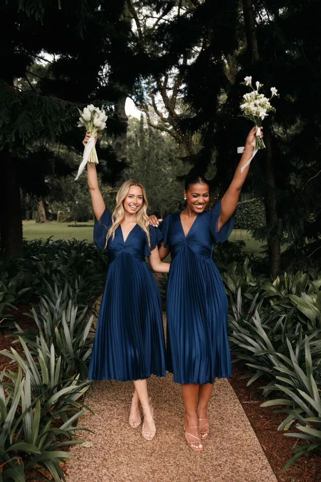Women Nova Flutter Sleeve Midi Dress Navy Satin Dresses Petal and Pup