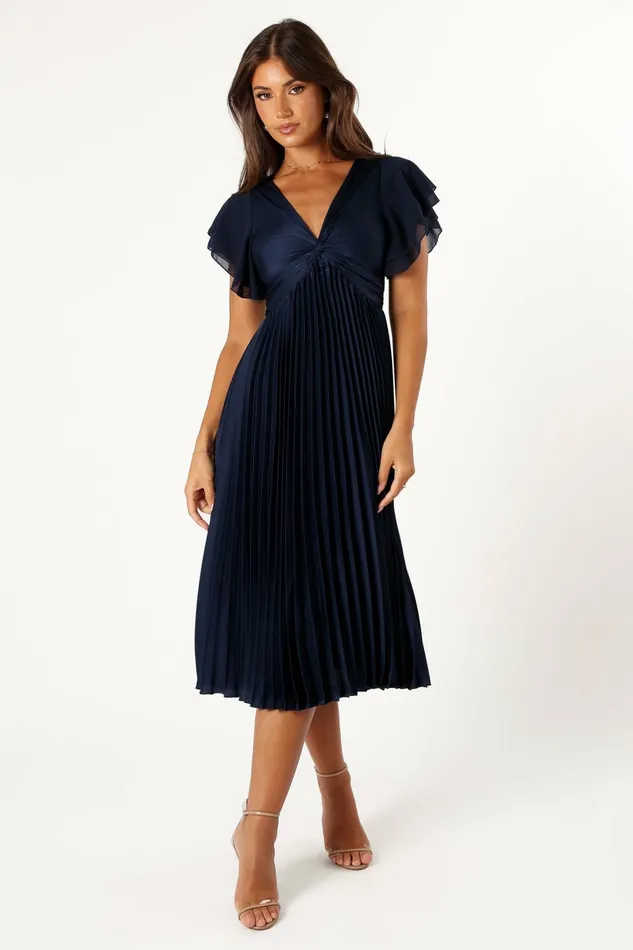 Women Nova Flutter Sleeve Midi Dress Navy Satin Dresses Petal and Pup