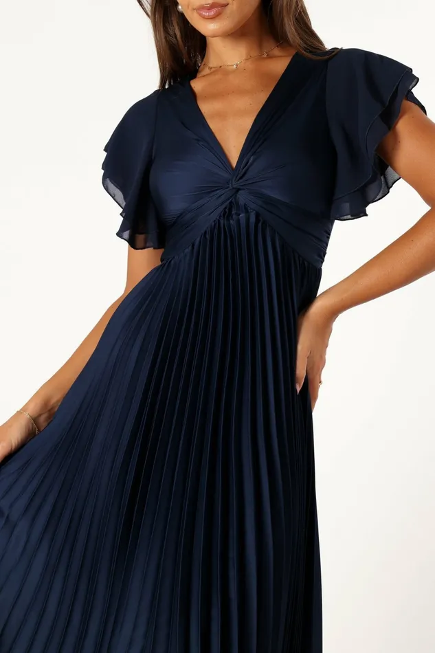 Women Nova Flutter Sleeve Midi Dress Navy Satin Dresses Petal and Pup