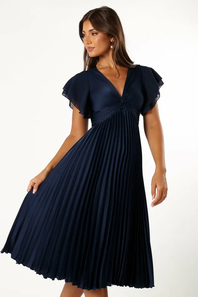 Women Nova Flutter Sleeve Midi Dress Navy Satin Dresses Petal and Pup