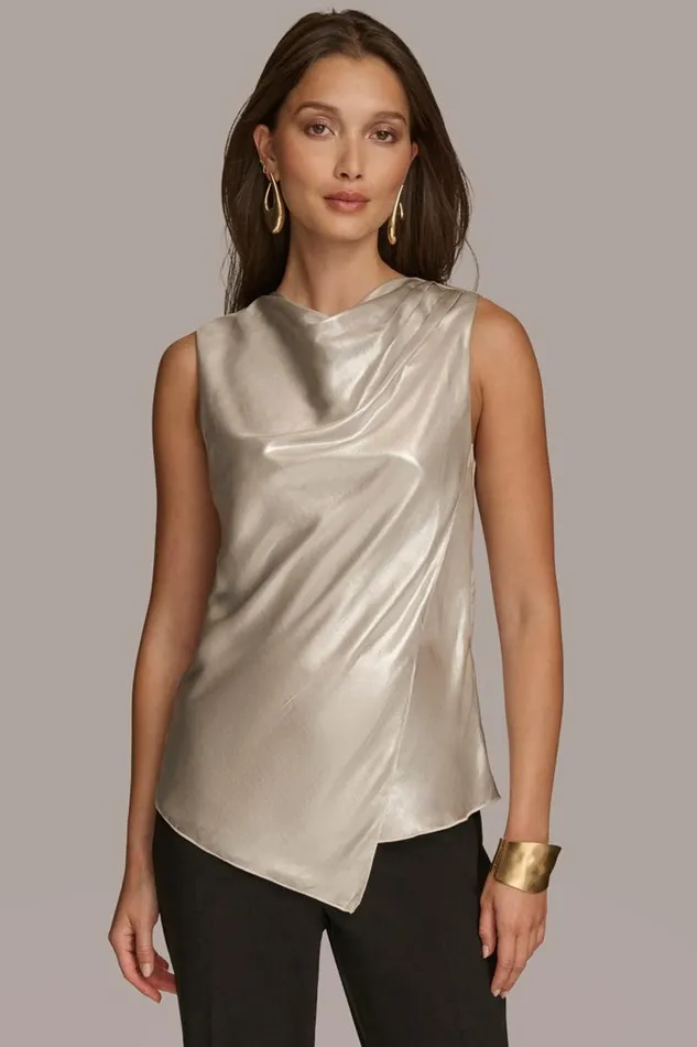 Women NOVELTY SLEEVELESS DRAPE FRONT BLOUSE Silver Donna Karan New York Sweaters And Tops