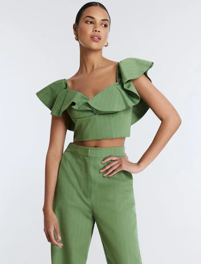 Women OffShoulder Pinstripe Crop Top Green Stripe BCBG Tops