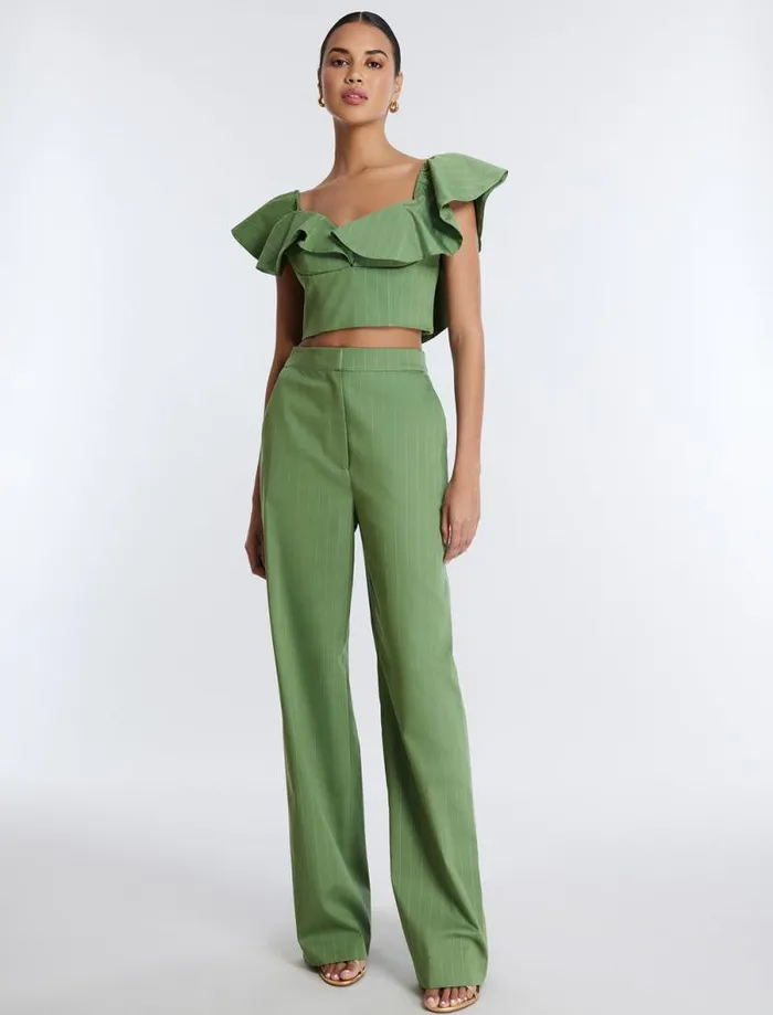 Women OffShoulder Pinstripe Crop Top Green Stripe BCBG Tops Women OffShoulder Pinstripe Crop Top Green Stripe BCBG Tops