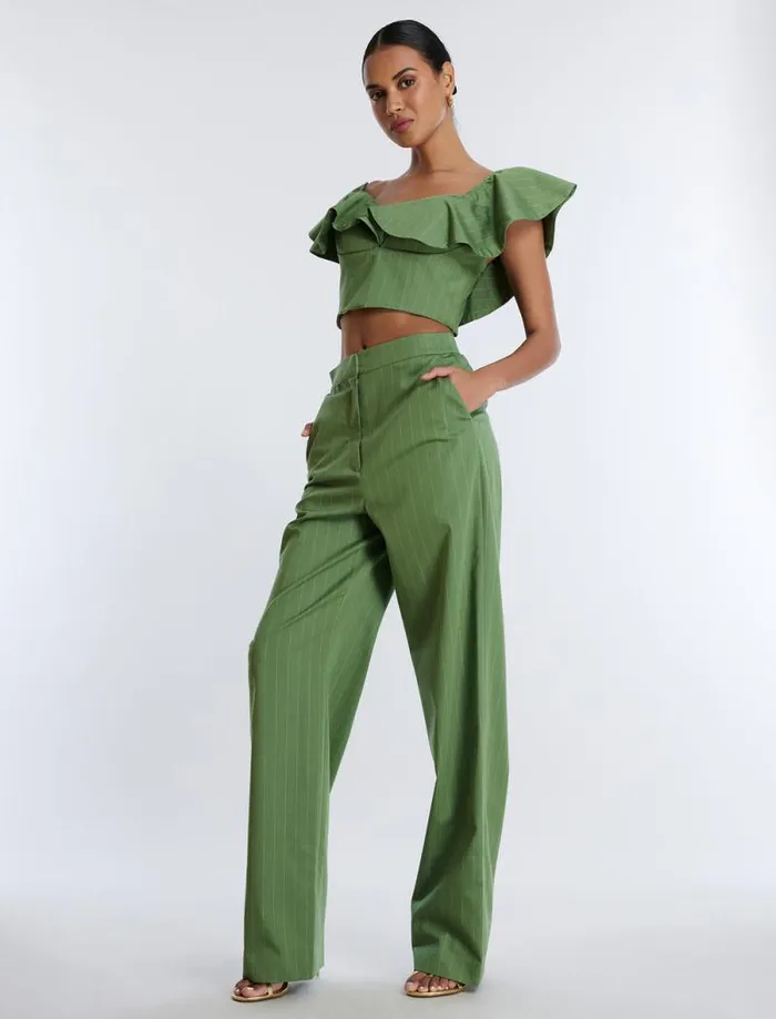Women OffShoulder Pinstripe Crop Top Green Stripe BCBG Tops Women OffShoulder Pinstripe Crop Top Green Stripe BCBG Tops