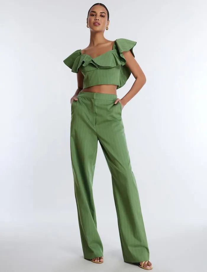 Women OffShoulder Pinstripe Crop Top Green Stripe BCBG Tops Women OffShoulder Pinstripe Crop Top Green Stripe BCBG Tops