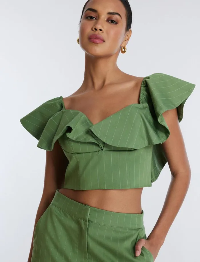 Women OffShoulder Pinstripe Crop Top Green Stripe BCBG Tops Women OffShoulder Pinstripe Crop Top Green Stripe BCBG Tops