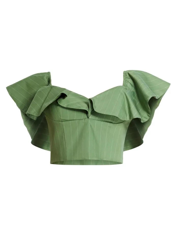 Women OffShoulder Pinstripe Crop Top Green Stripe BCBG Tops Women OffShoulder Pinstripe Crop Top Green Stripe BCBG Tops