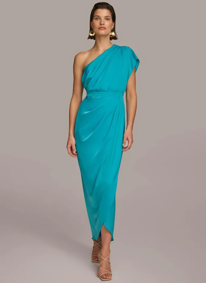 Women ONE SHOULDER DRAPE GOWN Lagoon Donna Karan New York Dresses And Jumpsuits